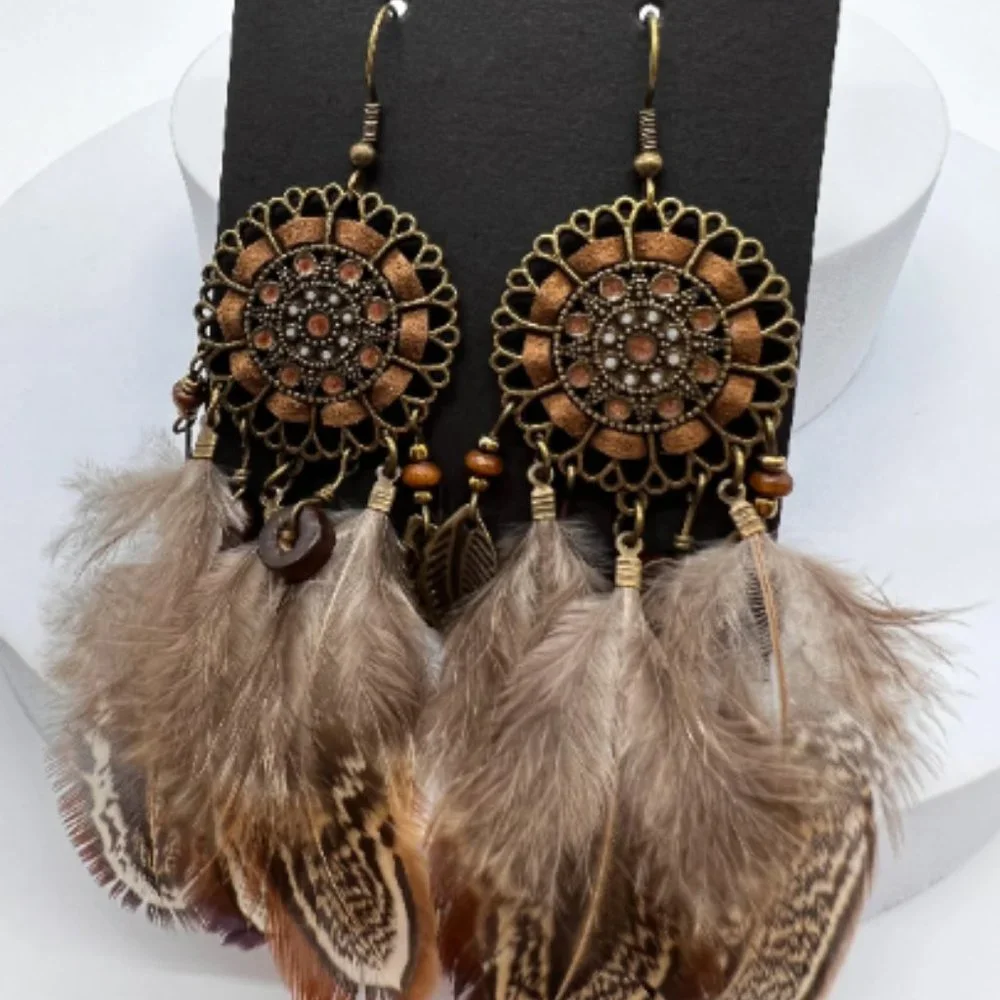 Boho Feather Dreamcatcher Dangle Statement Earrings - Picture 1 of 8